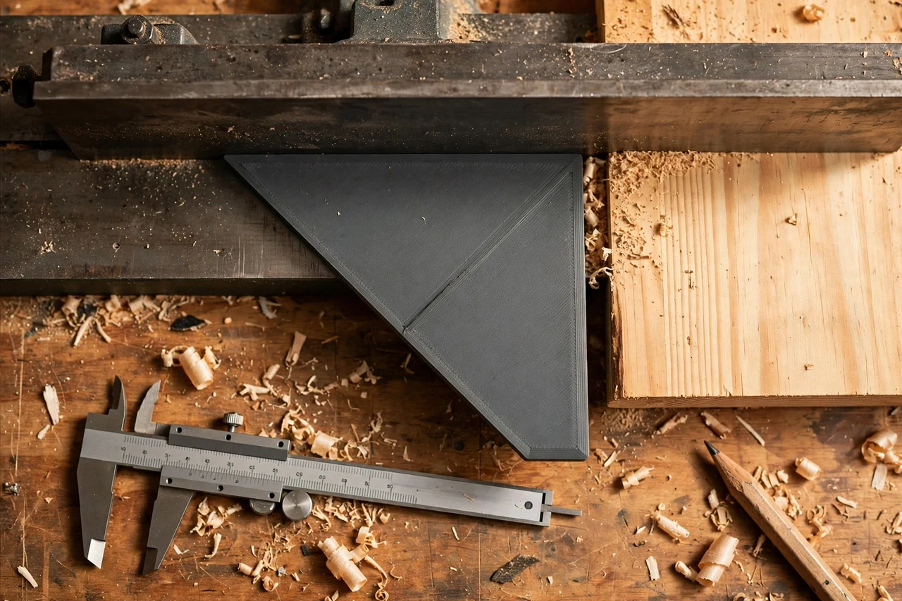 Close-up top-down view of a matte charcoal-gray 3D printed jointer fence angle gauge being test-fitted against jointer fences and board edges on a workbench, calipers and a pencil nearby, warm workshop lighting