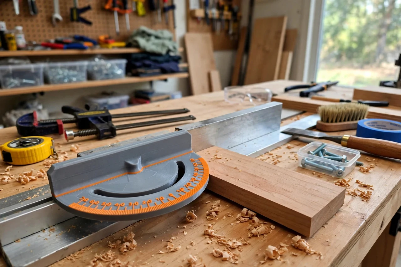 View of the finished 3D printed jointer fence angle gauge in use on a home repair project on a workbench, tidy workshop background in soft focus, bright natural light