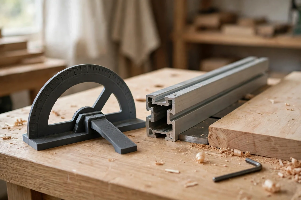 Home workshop scene on a light oak workbench, a matte charcoal-gray 3D printed jointer fence angle gauge beside a jointer fence section and a board edge, soft natural window light, shallow depth of field