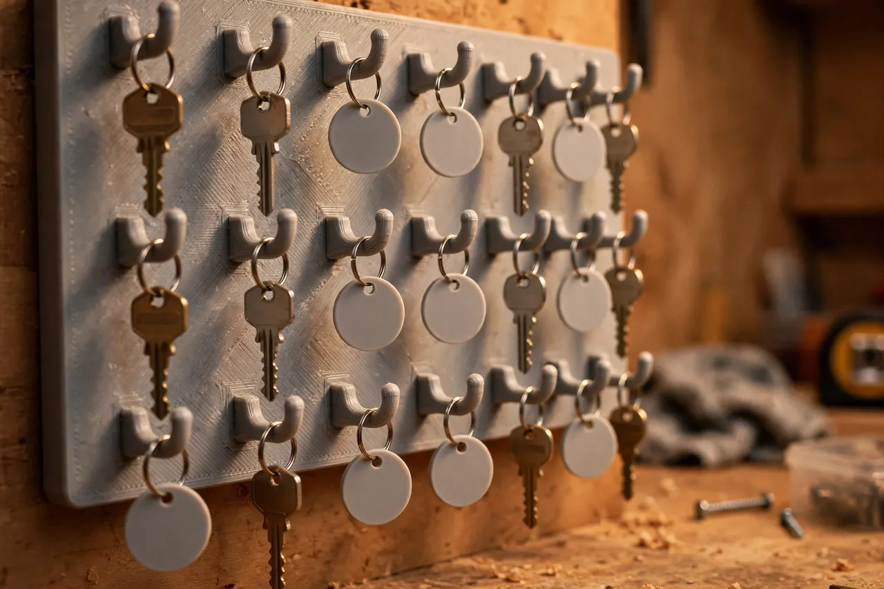 Close-up view of a 3D printed key storage board with neat rows of hooks, each hook holding a single labeled key tag, warm workshop lighting