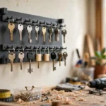 A bright home workshop scene, a matte charcoal-gray 3D printed key storage board mounted on a wall near a workbench