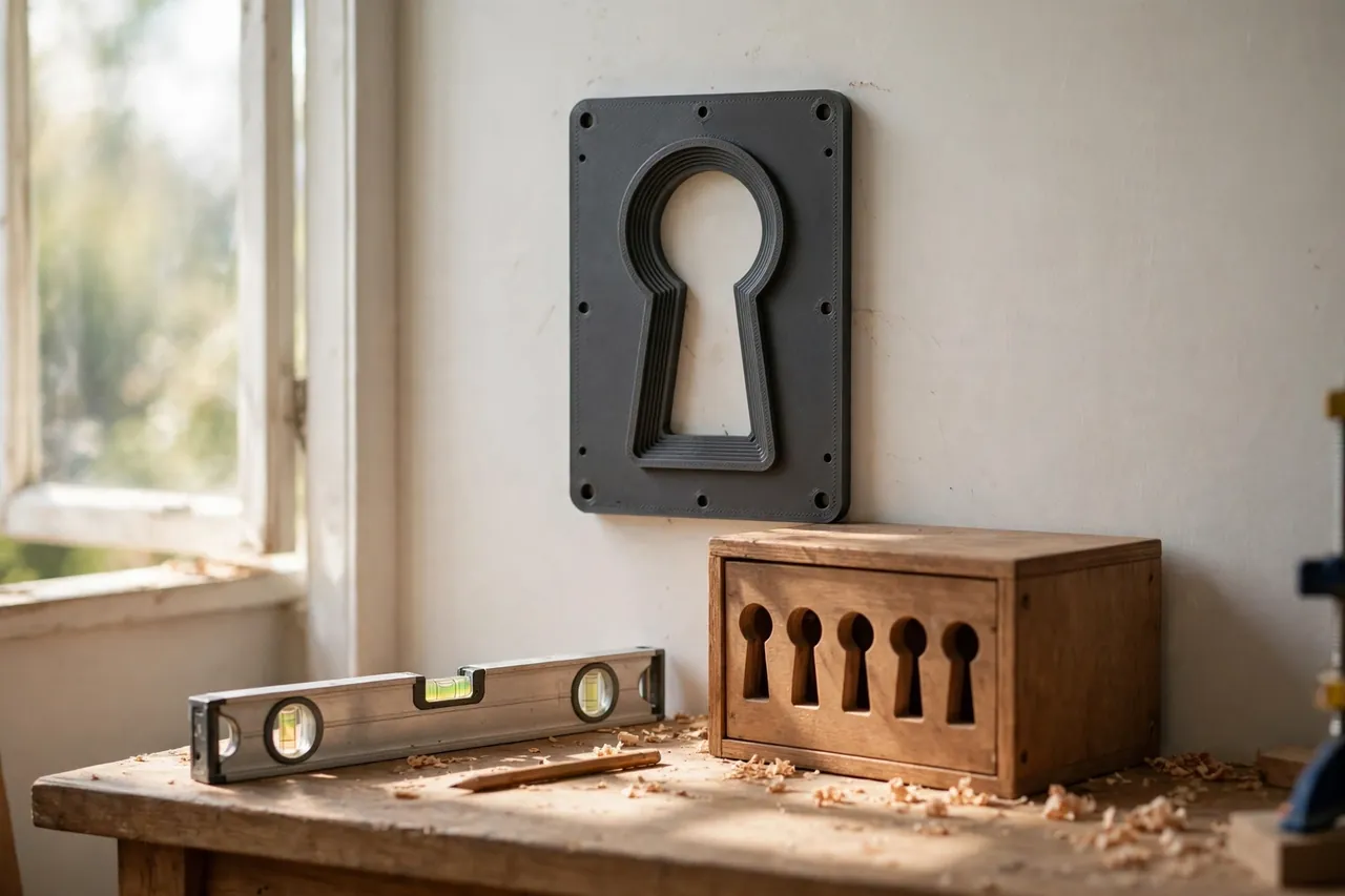 A bright home workshop scene with a matte charcoal-gray 3D printed keyhole marking template pressed against a pale wall above a wooden workbench