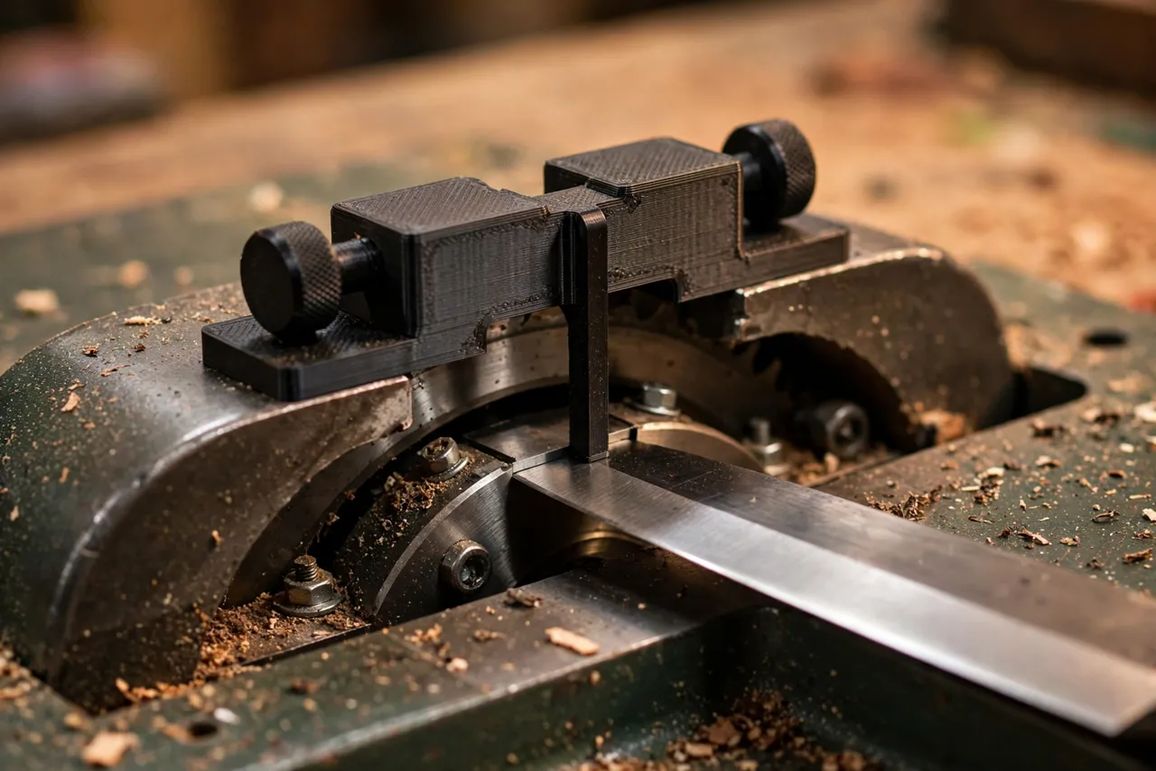 Close-up view of a 3D printed knife setting jig resting across a planer cutterhead opening