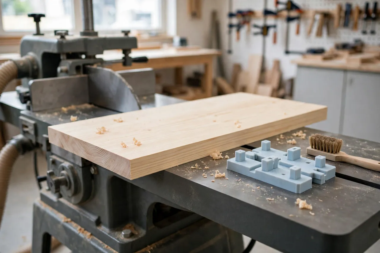 A freshly planed smooth pine board resting on a jointer outfeed table