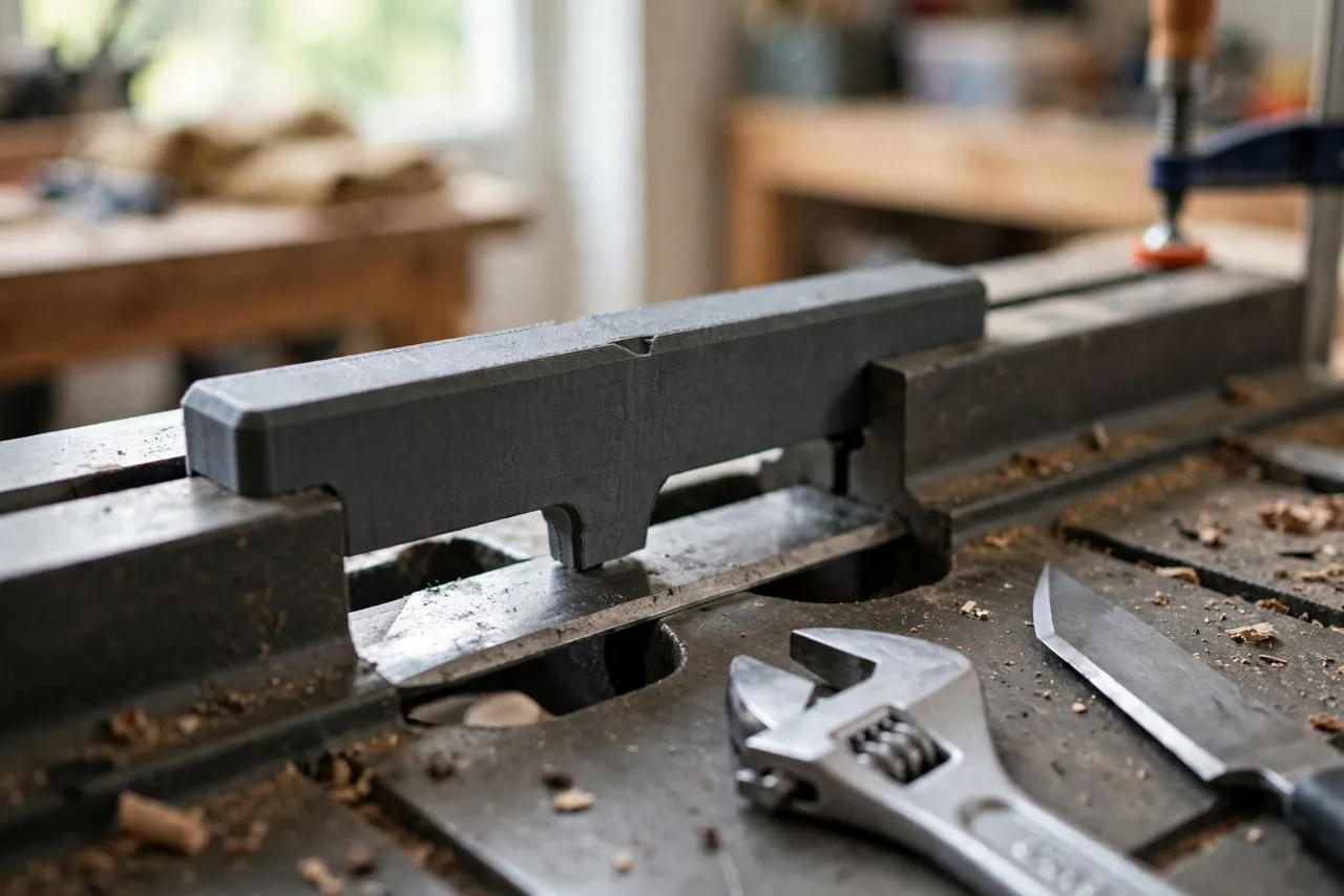 A bright home workshop scene on a jointer bed