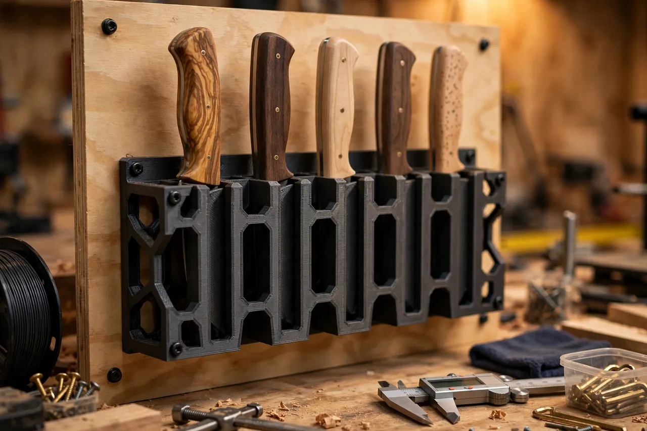 Close-up view of a 3D printed knife storage rack mounted on a workshop wall