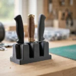 A bright home workshop scene on a light oak workbench