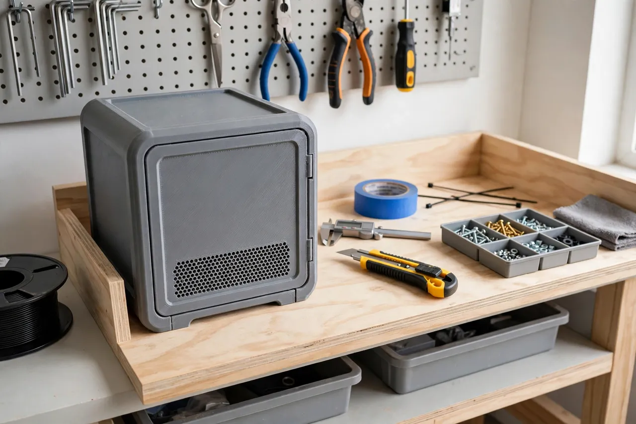 A finished workshop shelf with a closed-front 3D printed knife storage rack beside a utility knife and a small parts tray