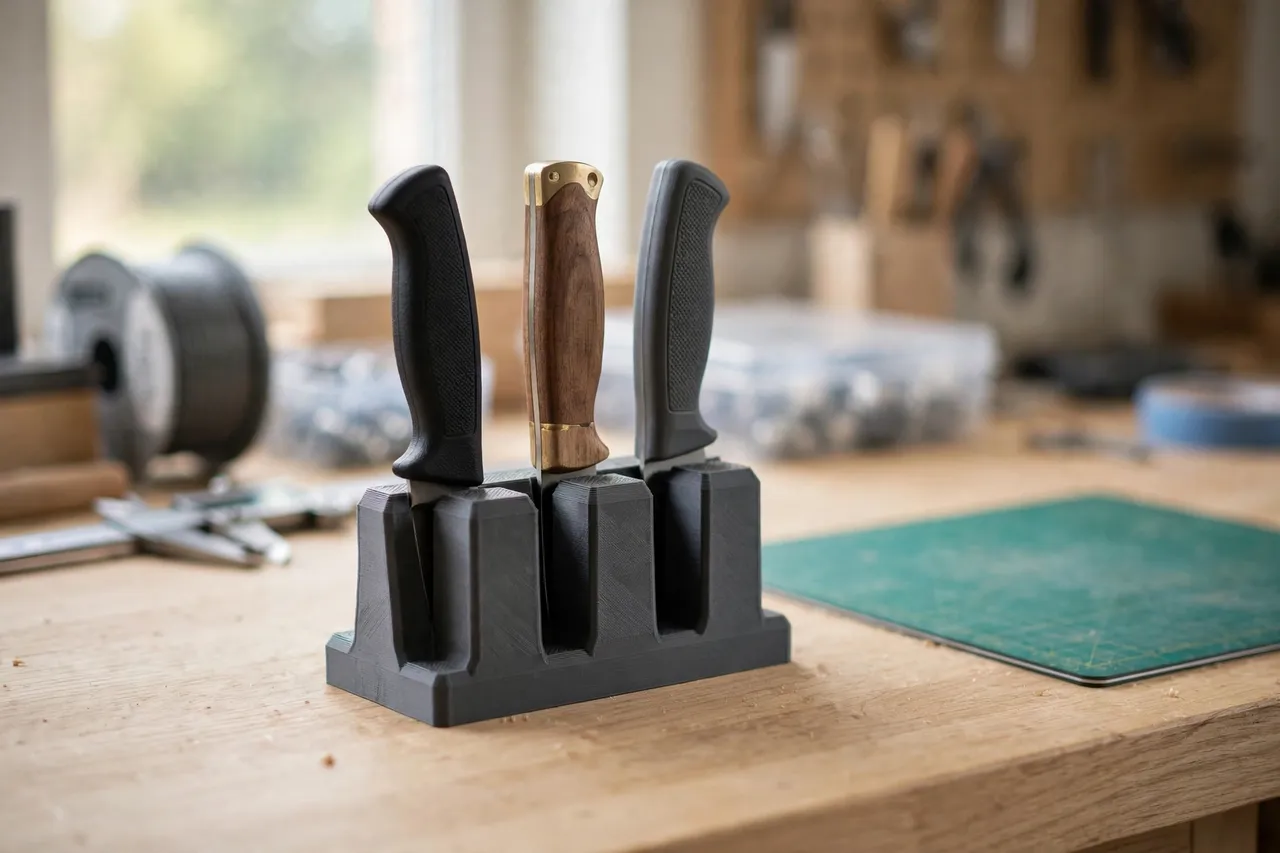 A bright home workshop scene on a light oak workbench