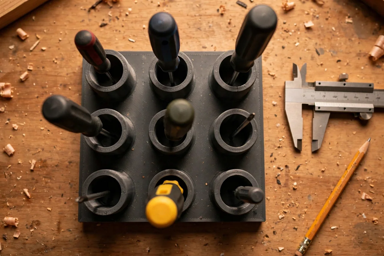 Close-up top-down view of a matte charcoal-gray 3D printed labeled screwdriver wall rack being test-fitted with screwdrivers of several sizes on a workbench, calipers and a pencil nearby, warm workshop lighting