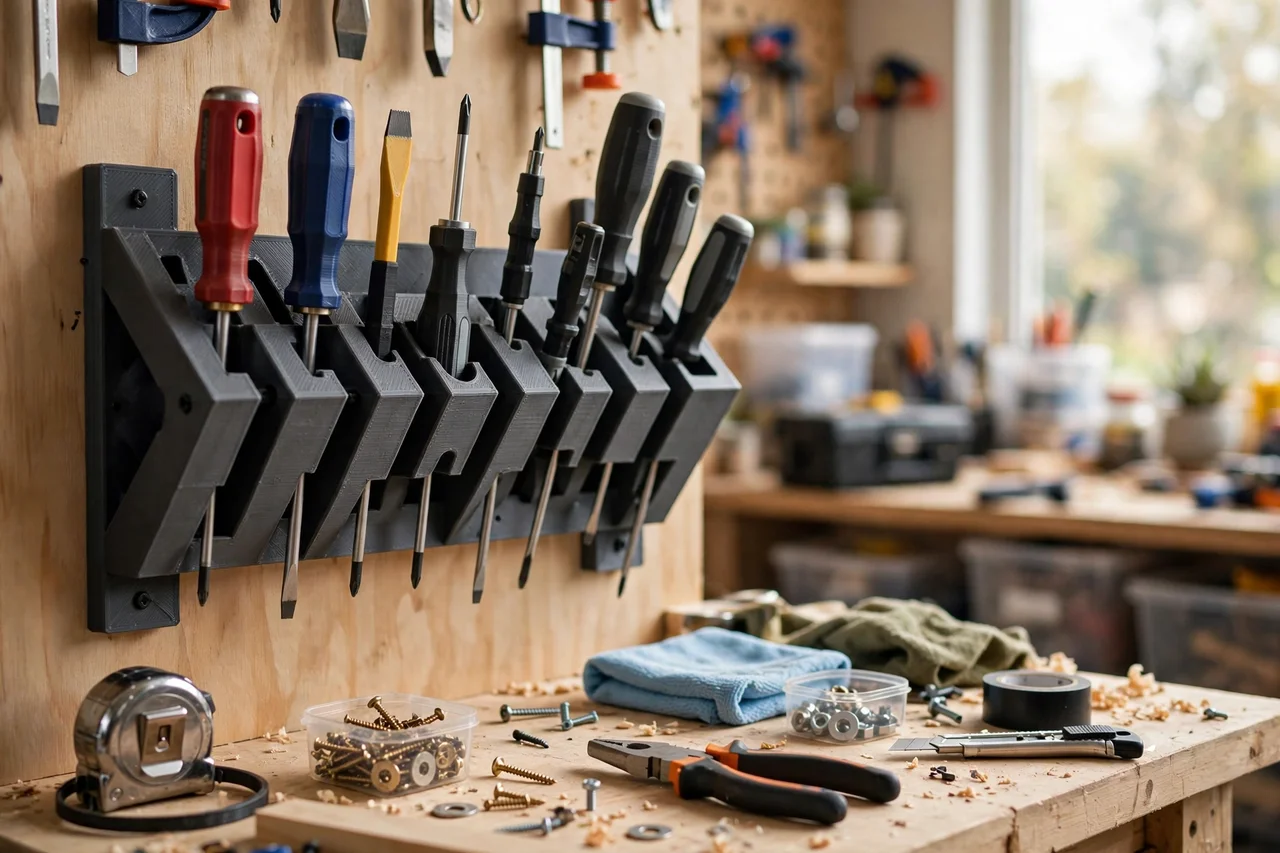 View of the finished 3D printed labeled screwdriver wall rack in use during a home repair tidy-up on a workbench, tidy workshop background in soft focus, bright natural light