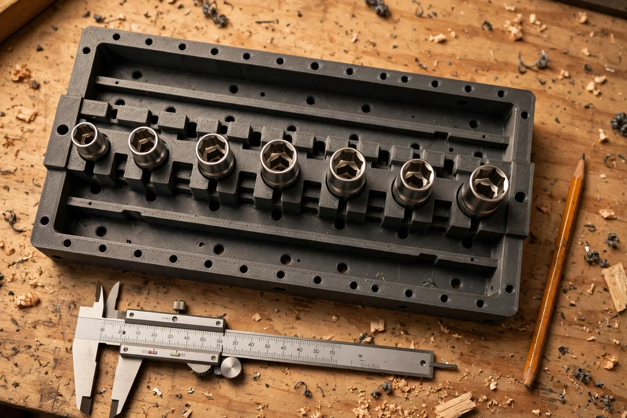 Close-up top-down view of a matte charcoal-gray 3D printed labeled socket rail organizer being test-fitted with sockets on a rail on a workbench, calipers and a pencil nearby, warm workshop lighting