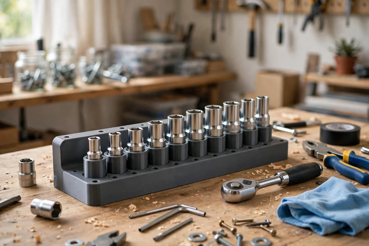 View of the finished 3D printed labeled socket rail organizer in use during a home repair tidy-up on a workbench, tidy workshop background in soft focus, bright natural light