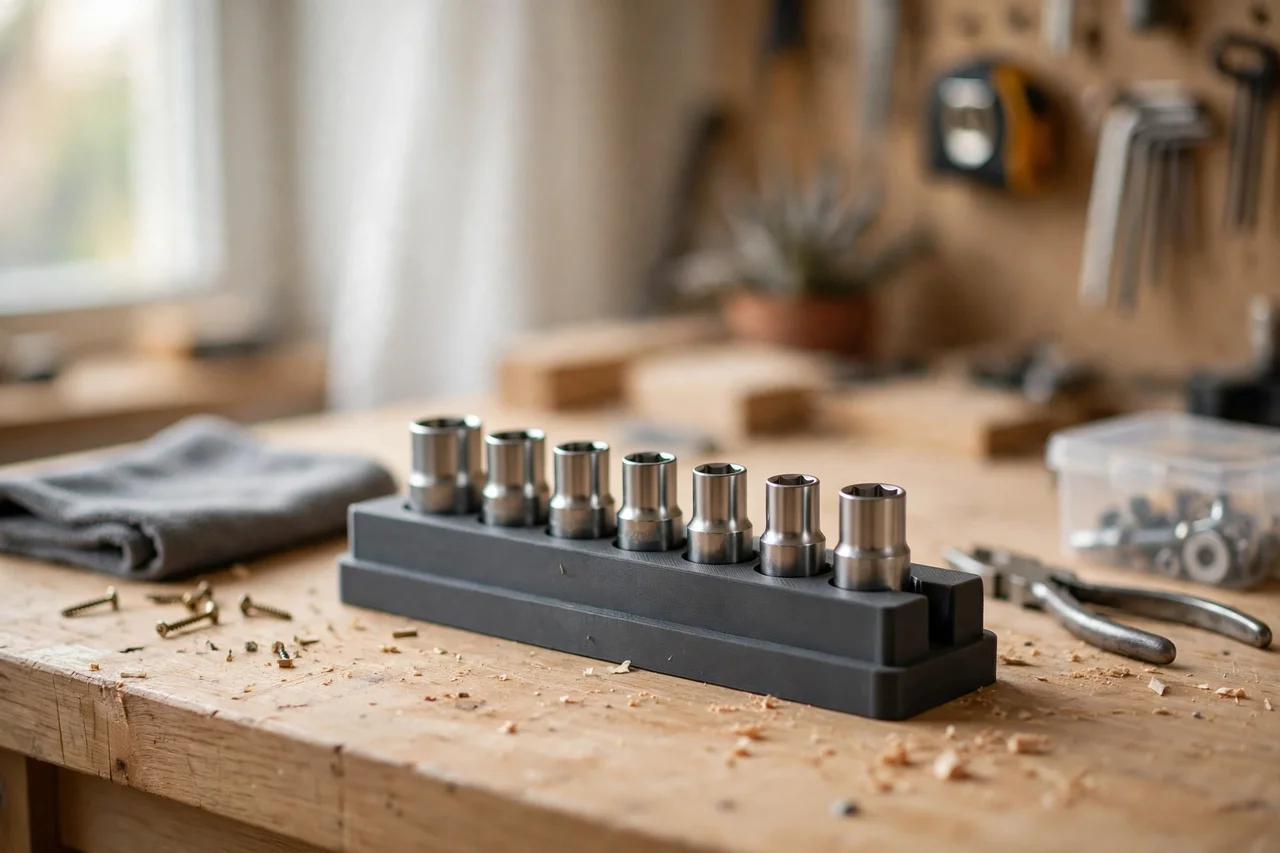 Home workshop scene on a light oak workbench, a matte charcoal-gray 3D printed labeled socket rail organizer holding sockets on a rail, soft natural window light, shallow depth of field