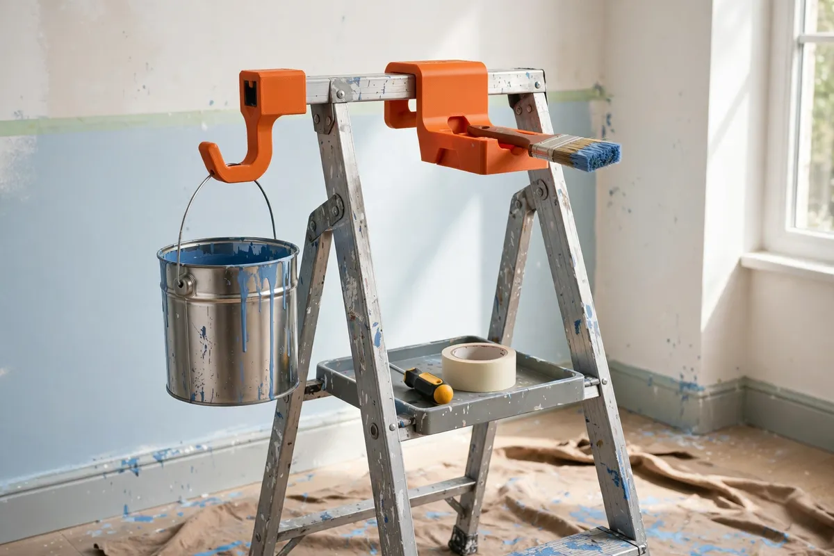 A home step ladder standing in a bright room mid-painting-job
