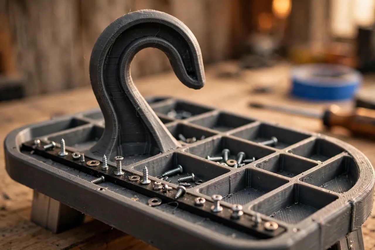 Close-up of a 3D printed ladder tool tray showing the deep hook that fits over a ladder top cap and its divided compartments with a magnetic strip