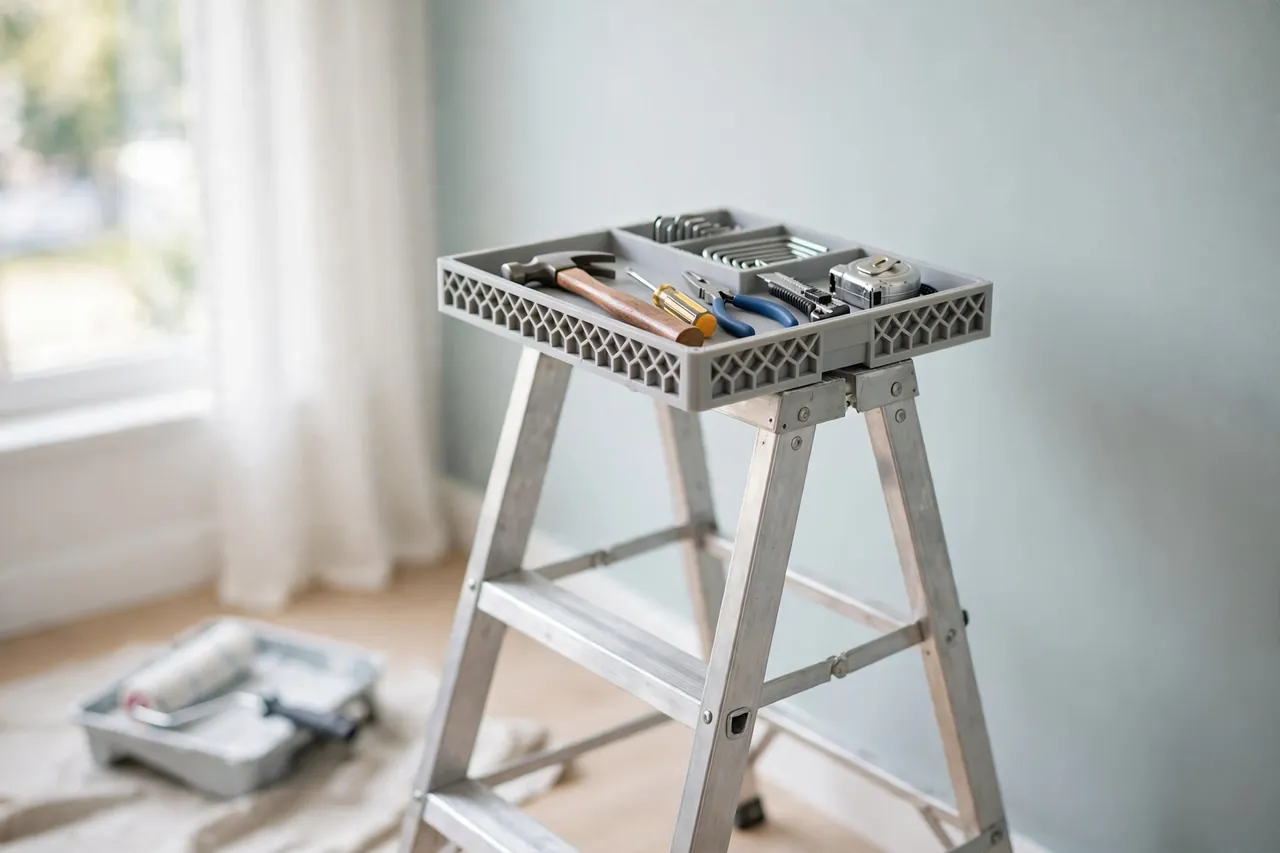 A finished ladder setup in a bright room with the printed tray in place at the top holding light hand tools neatly
