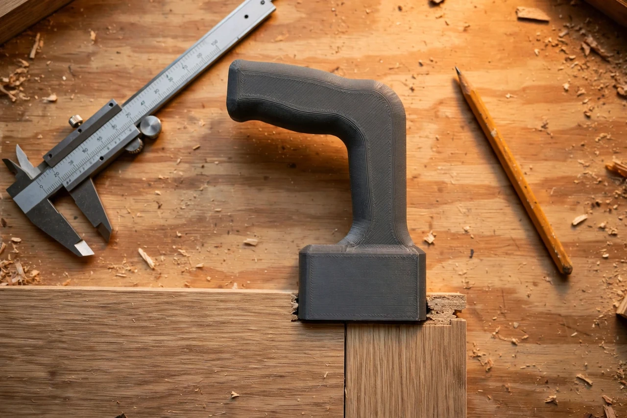 Close-up top-down view of a matte charcoal-gray 3D printed laminate plank tapping block handle being test-fitted against a laminate plank end joint during fitting on a workbench, calipers and a pencil nearby, warm workshop lighting
