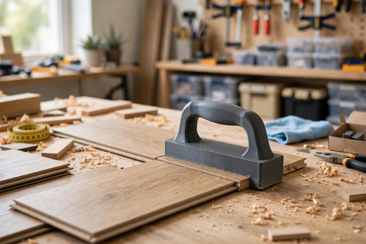 View of the finished 3D printed laminate plank tapping block handle in use on a home repair project on a workbench, tidy workshop background in soft focus, bright natural light