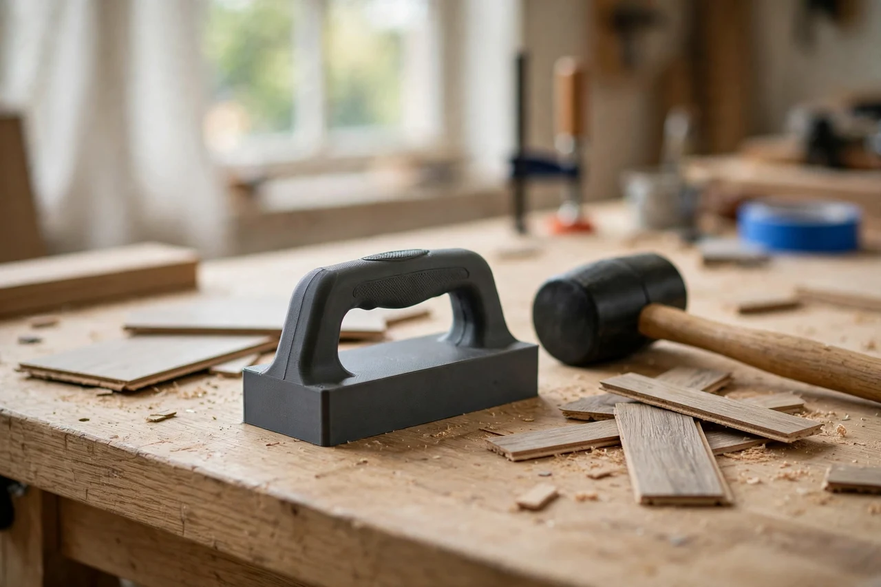 Home workshop scene on a light oak workbench, a matte charcoal-gray 3D printed laminate plank tapping block handle beside laminate offcuts and a rubber mallet, soft natural window light, shallow depth of field