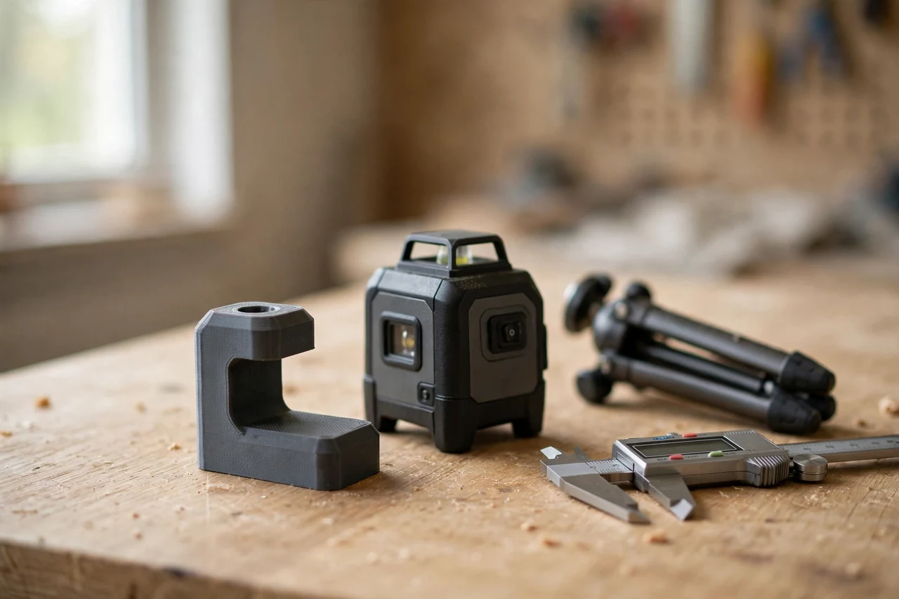 Home workshop scene on a light oak workbench, a matte charcoal-gray 3D printed laser level to tripod mount adapter beside a laser level and a tripod and a pair of calipers, soft natural window light, shallow depth of field