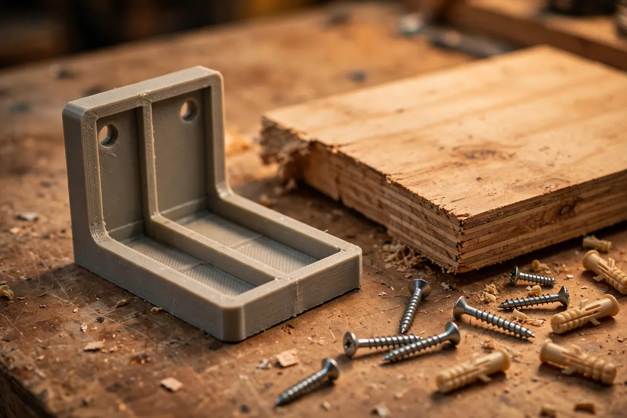 Close-up on a workbench of a 3D printed laundry shelf bracket beside a wooden shelf board offcut