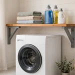A bright laundry room scene, a wooden shelf above a washing machine held by matte gray 3D printed brackets
