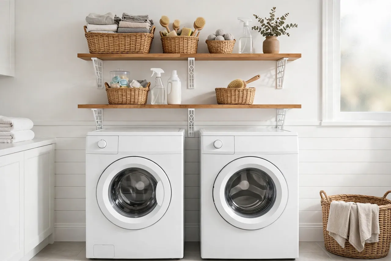 A finished laundry room wall with two shelves on printed brackets holding baskets and cleaning supplies above a washer and dryer