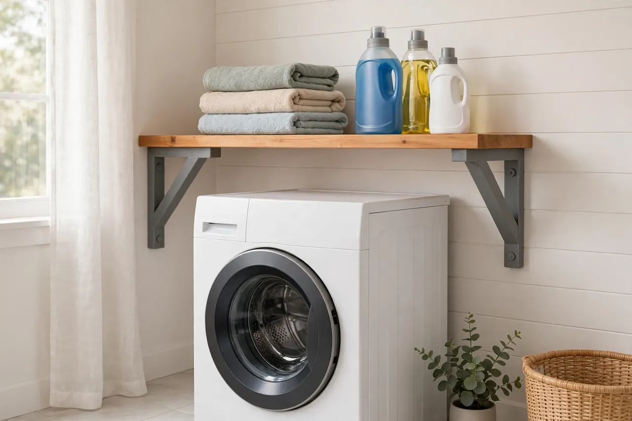 A bright laundry room scene, a wooden shelf above a washing machine held by matte gray 3D printed brackets