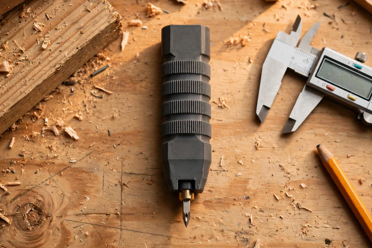 Close-up top-down view of a matte charcoal-gray 3D printed layout scribe handle tool being test-fitted against a scribe point for marking timber on a workbench, calipers and a pencil nearby, warm workshop lighting