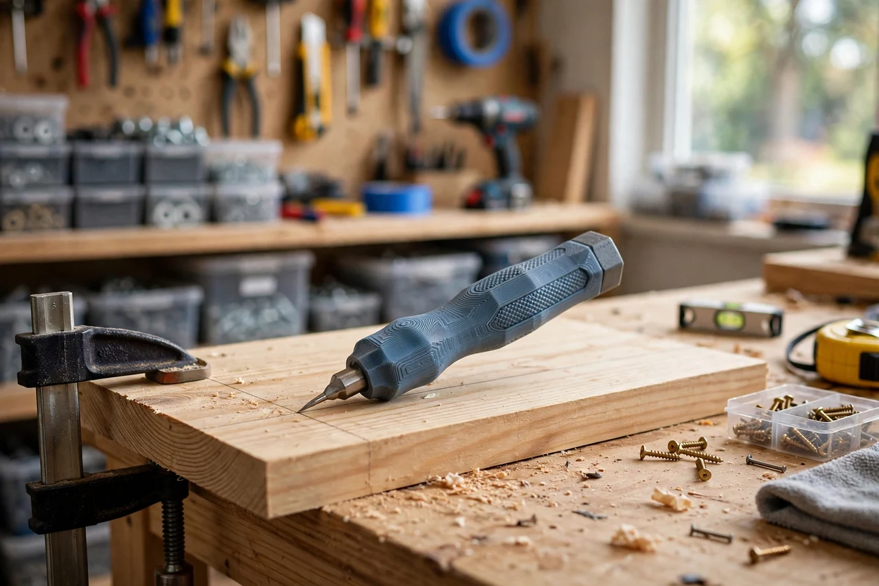 View of the finished 3D printed layout scribe handle tool in use on a home repair project on a workbench, tidy workshop background in soft focus, bright natural light