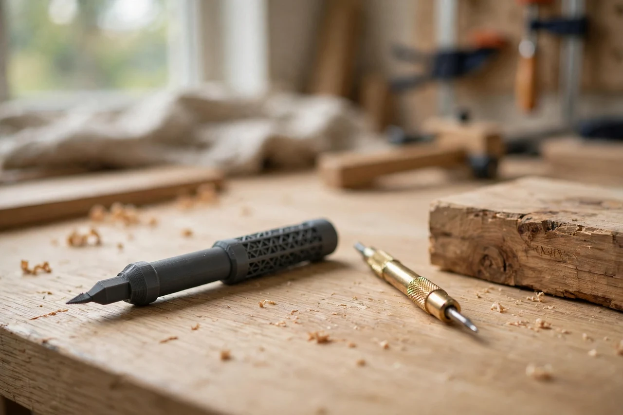 Home workshop scene on a light oak workbench, a matte charcoal-gray 3D printed layout scribe handle tool beside a scribe and a timber board, soft natural window light, shallow depth of field