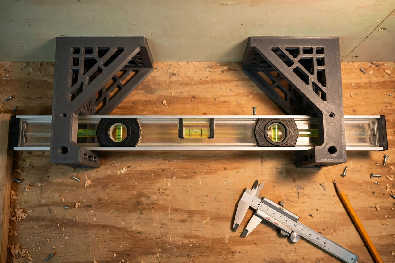 Close-up top-down view of a matte charcoal-gray 3D printed level holder wall brackets being test-fitted against spirit levels hung flat on the workshop wall on a workbench, calipers and a pencil nearby, warm workshop lighting