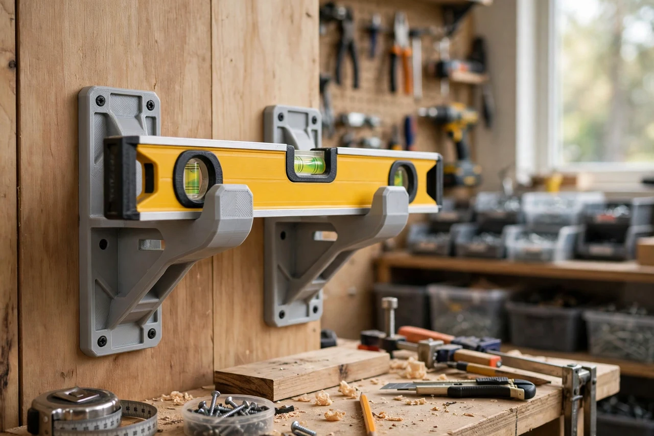 View of the finished 3D printed level holder wall brackets in use on a home repair project on a workbench, tidy workshop background in soft focus, bright natural light