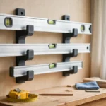 A bright home workshop scene, matte charcoal-gray 3D printed level rack brackets on a wall holding three aluminum levels of different lengths