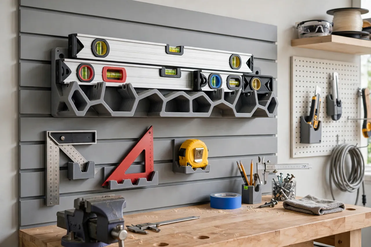 A finished measuring-tool wall with a 3D printed level rack holding a row of levels above a workbench