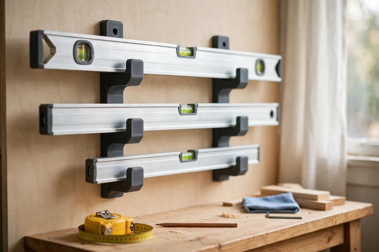 A bright home workshop scene, matte charcoal-gray 3D printed level rack brackets on a wall holding three aluminum levels of different lengths