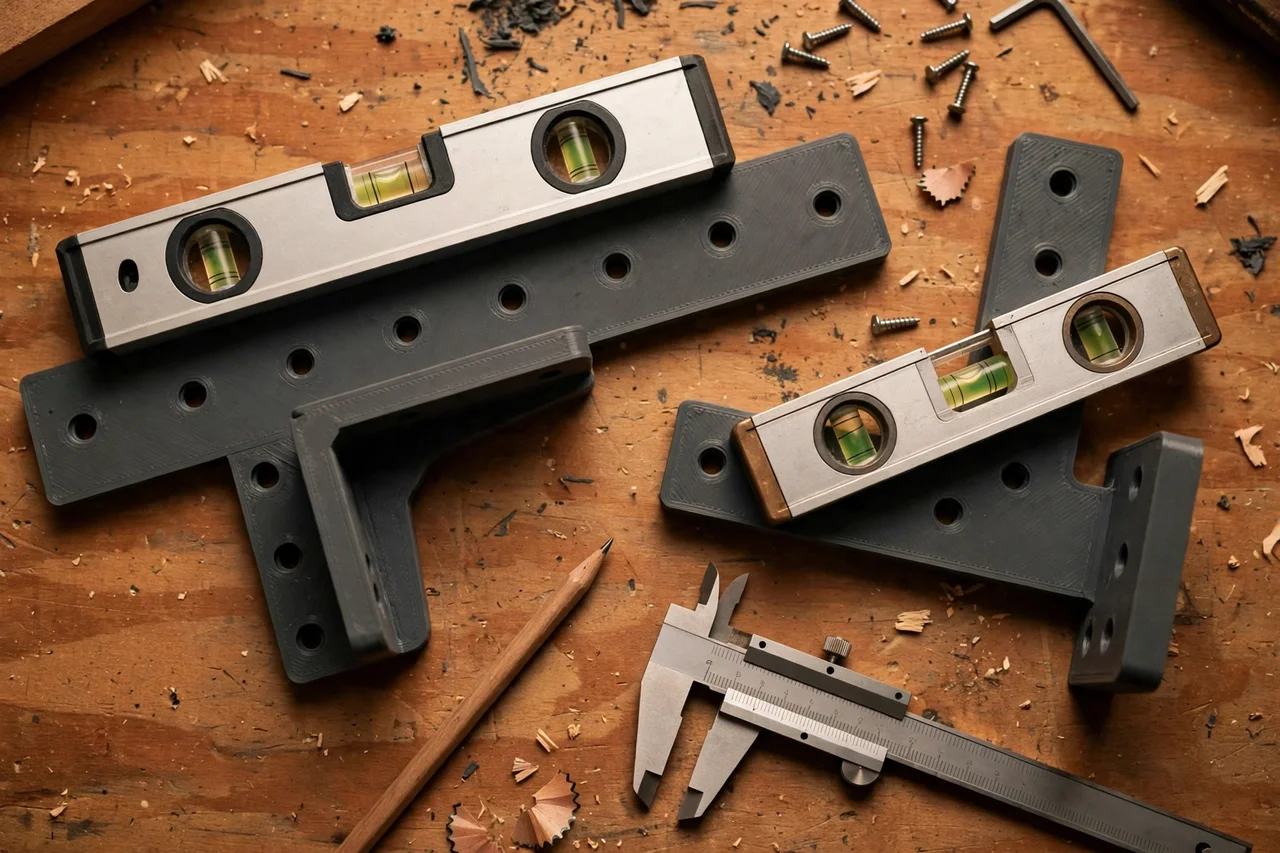 Close-up top-down view of a matte charcoal-gray 3D printed level wall mount brackets being test-fitted with spirit levels on a workbench, calipers and a pencil nearby, warm workshop lighting