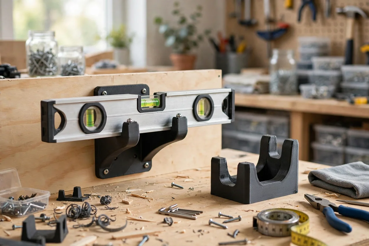 View of the finished 3D printed level wall mount brackets in use during a home repair tidy-up on a workbench, tidy workshop background in soft focus, bright natural light