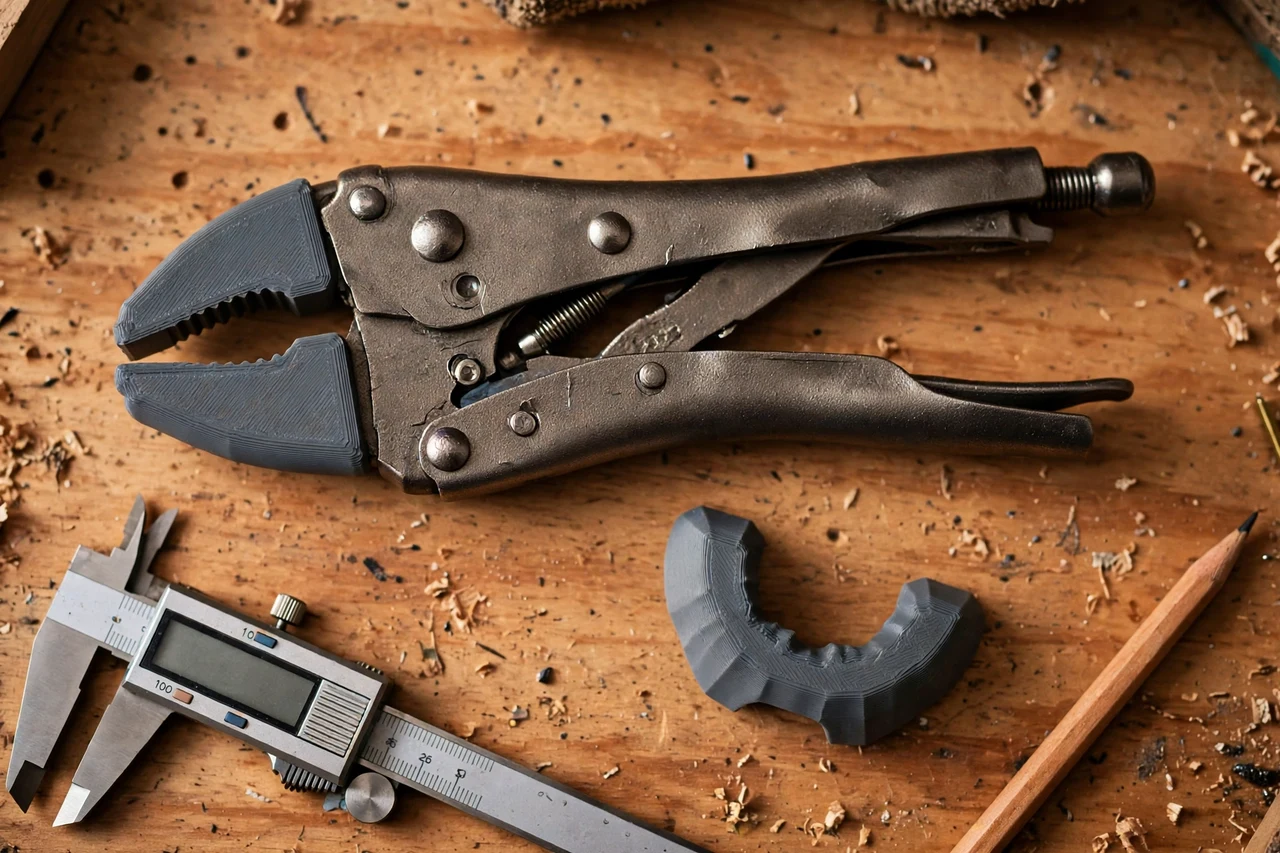 Close-up top-down view of a matte charcoal-gray 3D printed locking pliers jaw protectors being test-fitted against locking pliers jaws padded for finished work on a workbench, calipers and a pencil nearby, warm workshop lighting