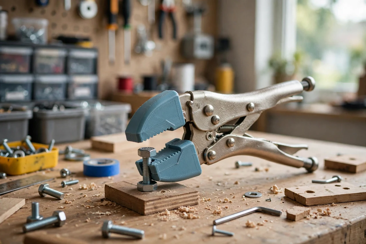 View of the finished 3D printed locking pliers jaw protectors in use on a home repair project on a workbench, tidy workshop background in soft focus, bright natural light