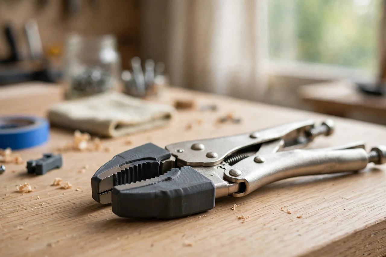 Home workshop scene on a light oak workbench, a matte charcoal-gray 3D printed locking pliers jaw protectors holding locking pliers jaws padded for finished work, soft natural window light, shallow depth of field