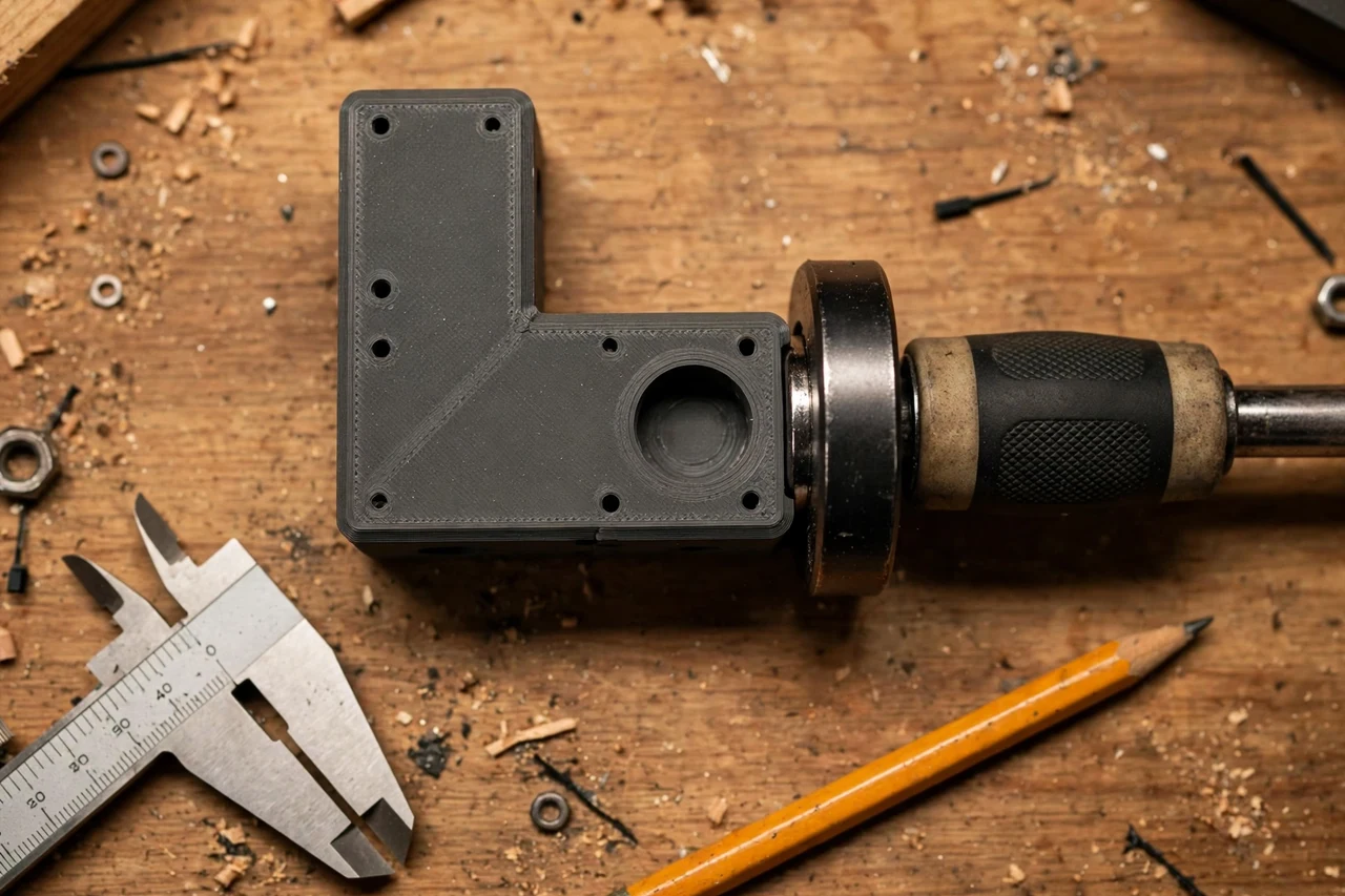 Close-up top-down view of a matte charcoal-gray 3D printed magnet mount to tool holder adapter being test-fitted against a magnet mount and a tool handle on a workbench, calipers and a pencil nearby, warm workshop lighting