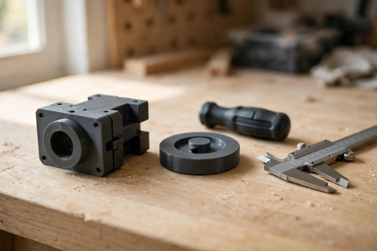 Home workshop scene on a light oak workbench, a matte charcoal-gray 3D printed magnet mount to tool holder adapter beside a magnet mount and a tool handle and a pair of calipers, soft natural window light, shallow depth of field
