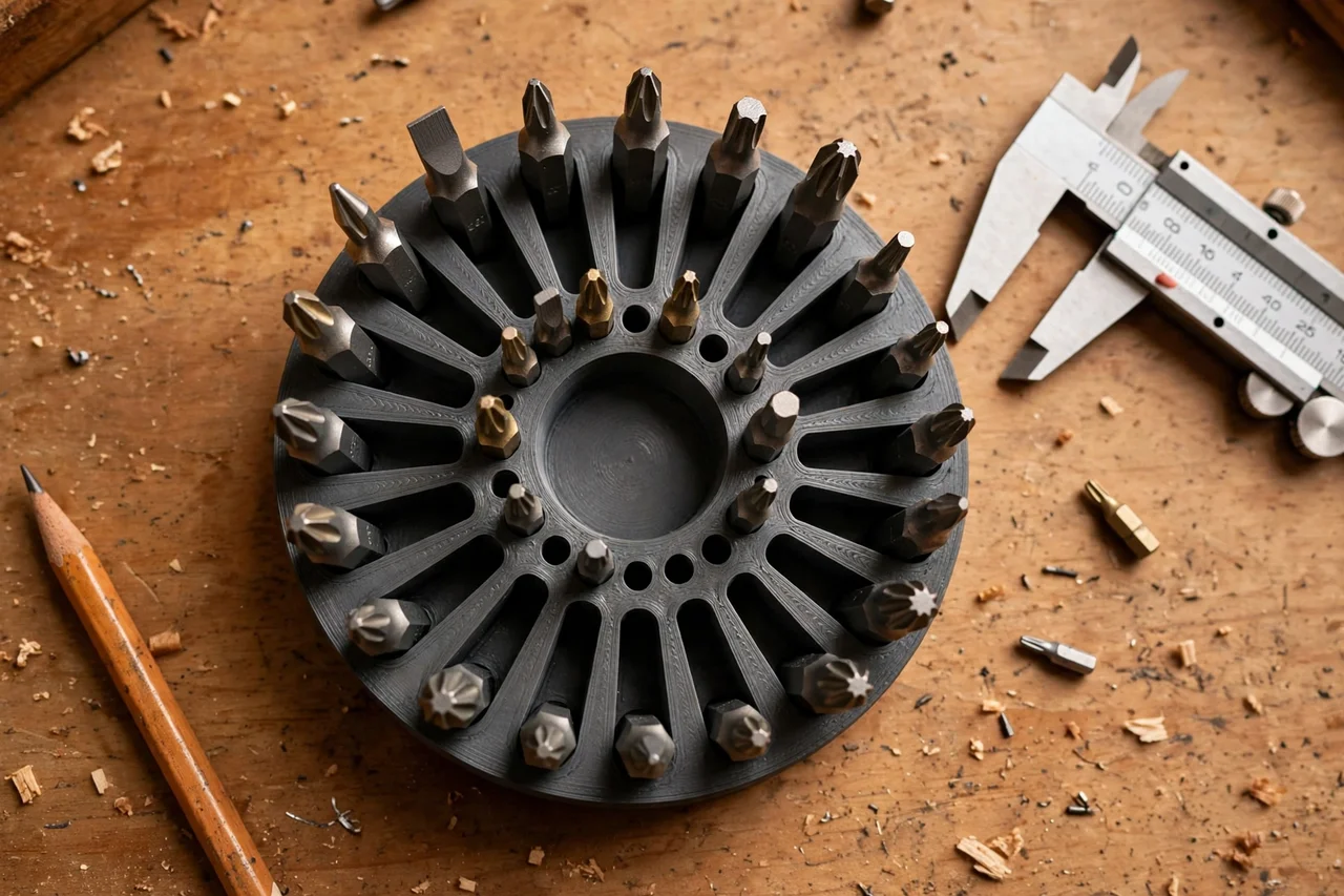 Close-up top-down view of a matte charcoal-gray 3D printed magnetic bit carousel organizer being test-fitted with screwdriver bits and small driver bits on a workbench, calipers and a pencil nearby, warm workshop lighting