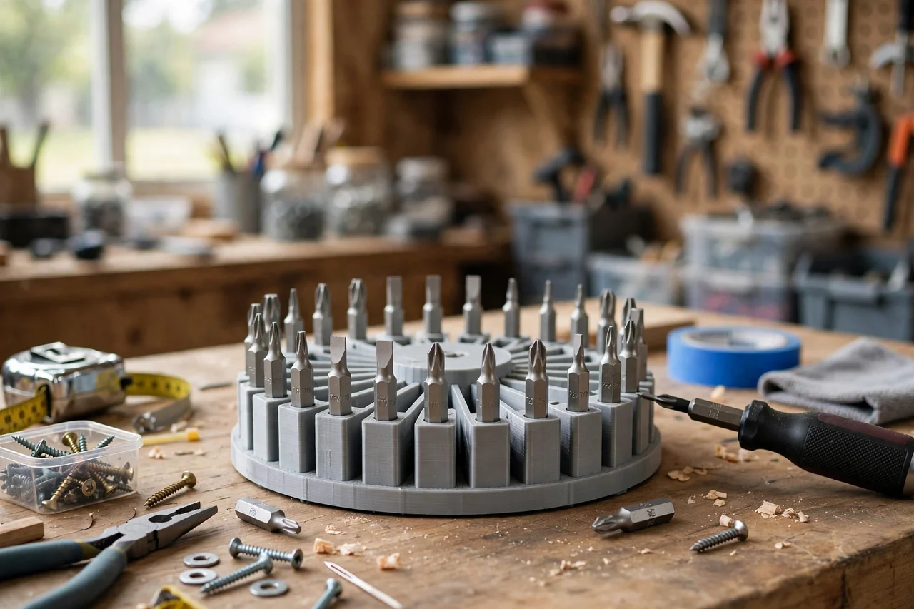 View of the finished 3D printed magnetic bit carousel organizer in use during a home repair tidy-up on a workbench, tidy workshop background in soft focus, bright natural light