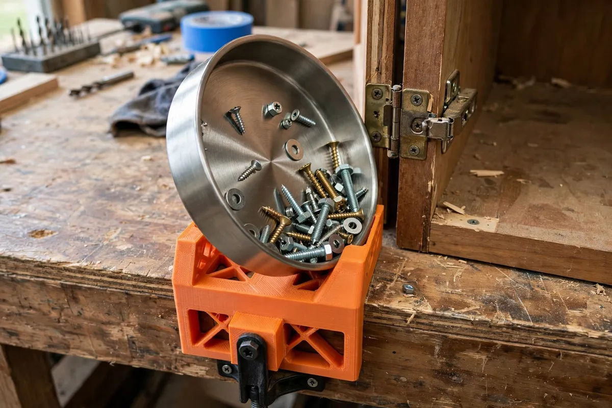 A workshop bench edge with a matte orange 3D printed holder gripping a round stainless magnetic parts dish full of screws and bolts