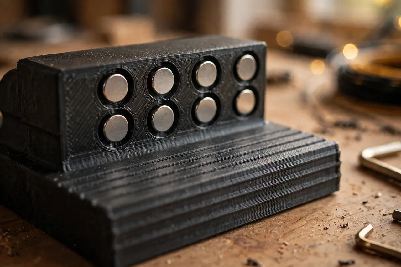 Close-up of a 3D printed vise jaw liner showing small round magnets seated in pockets on its back and a smooth grooved face on the front, warm