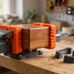 A bright home workshop scene on a light oak workbench