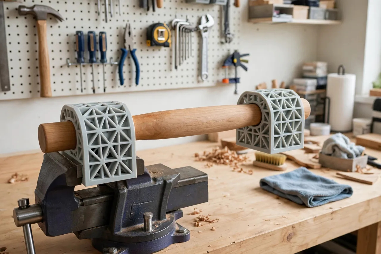 A finished repair held in a vise with printed liners — a refinished chair rung clamped without marks — in a tidy home workshop with tools